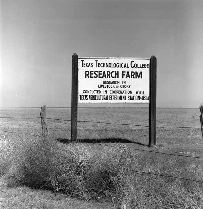 Entrance sign from 1962 for the Texas Technological College Research Farm.