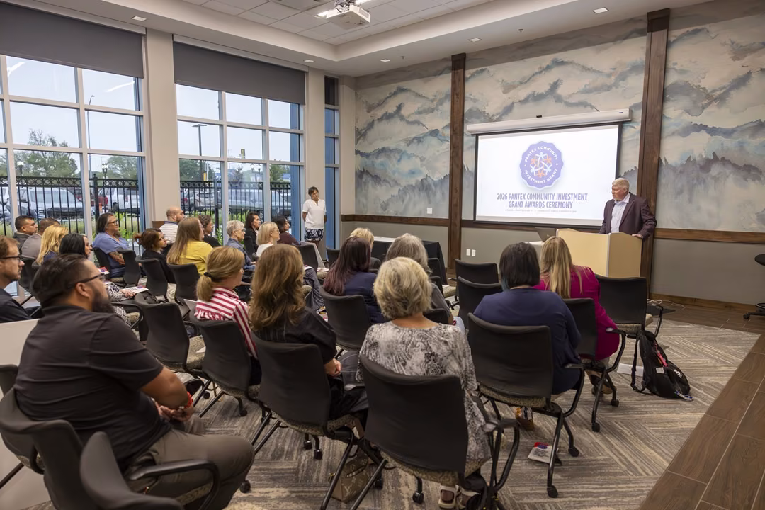 PanTeXas Deterrence President and General Manager Kelly Beierschmitt addresses the crowd attending the 2026 Pantex Investment Grants Ceremony at the Amarillo Area Foundation.