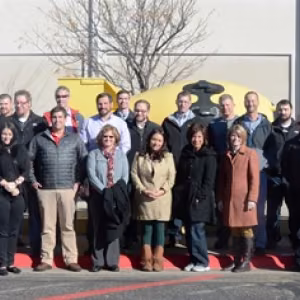 Amarillo and Canyon business leaders in front of a replica of the first atomic bomb, Fat Man